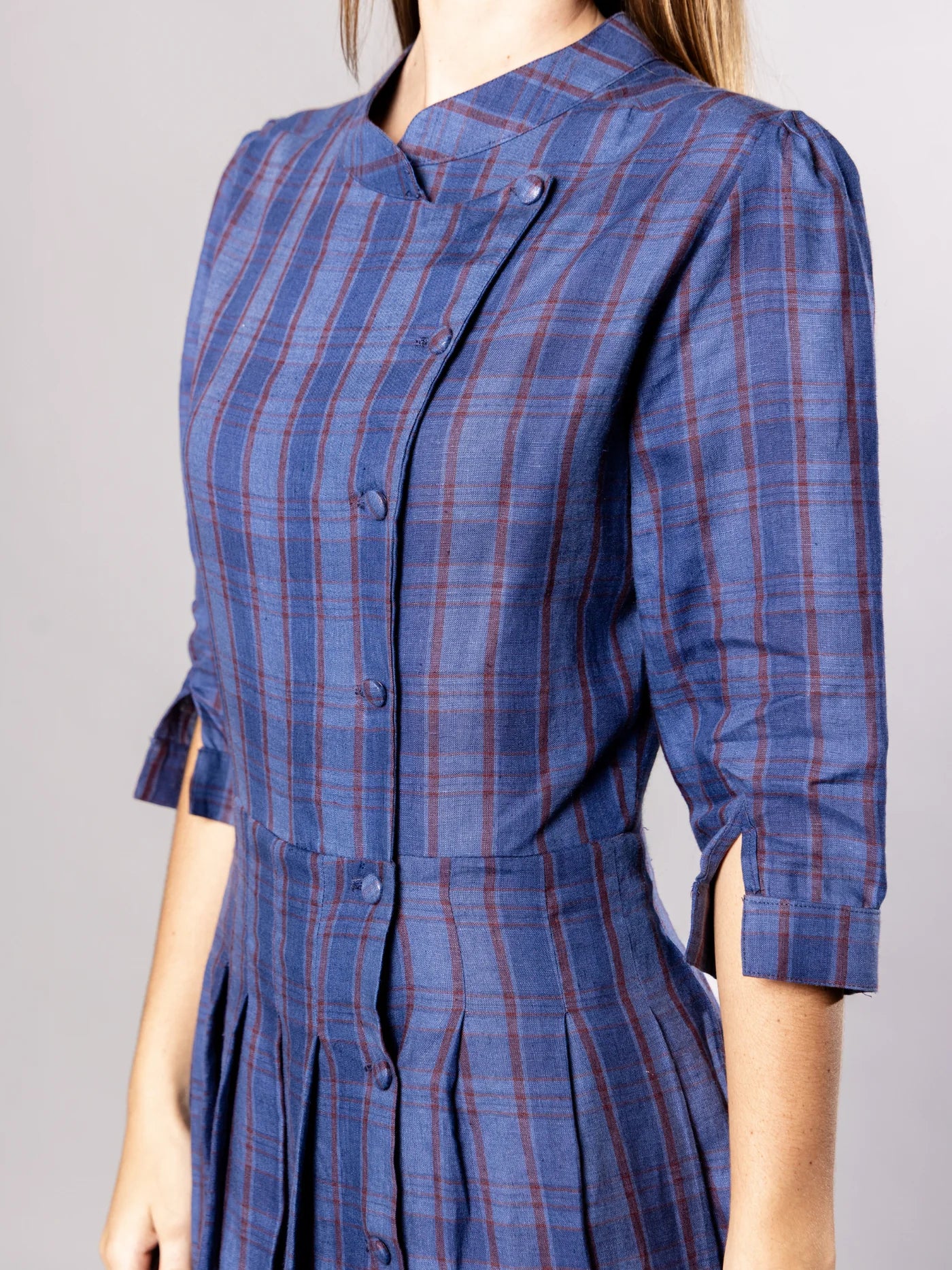 'NO MORE NOBODY' - Talitha Midi Dress Organic Linen -  Navy Multi Check