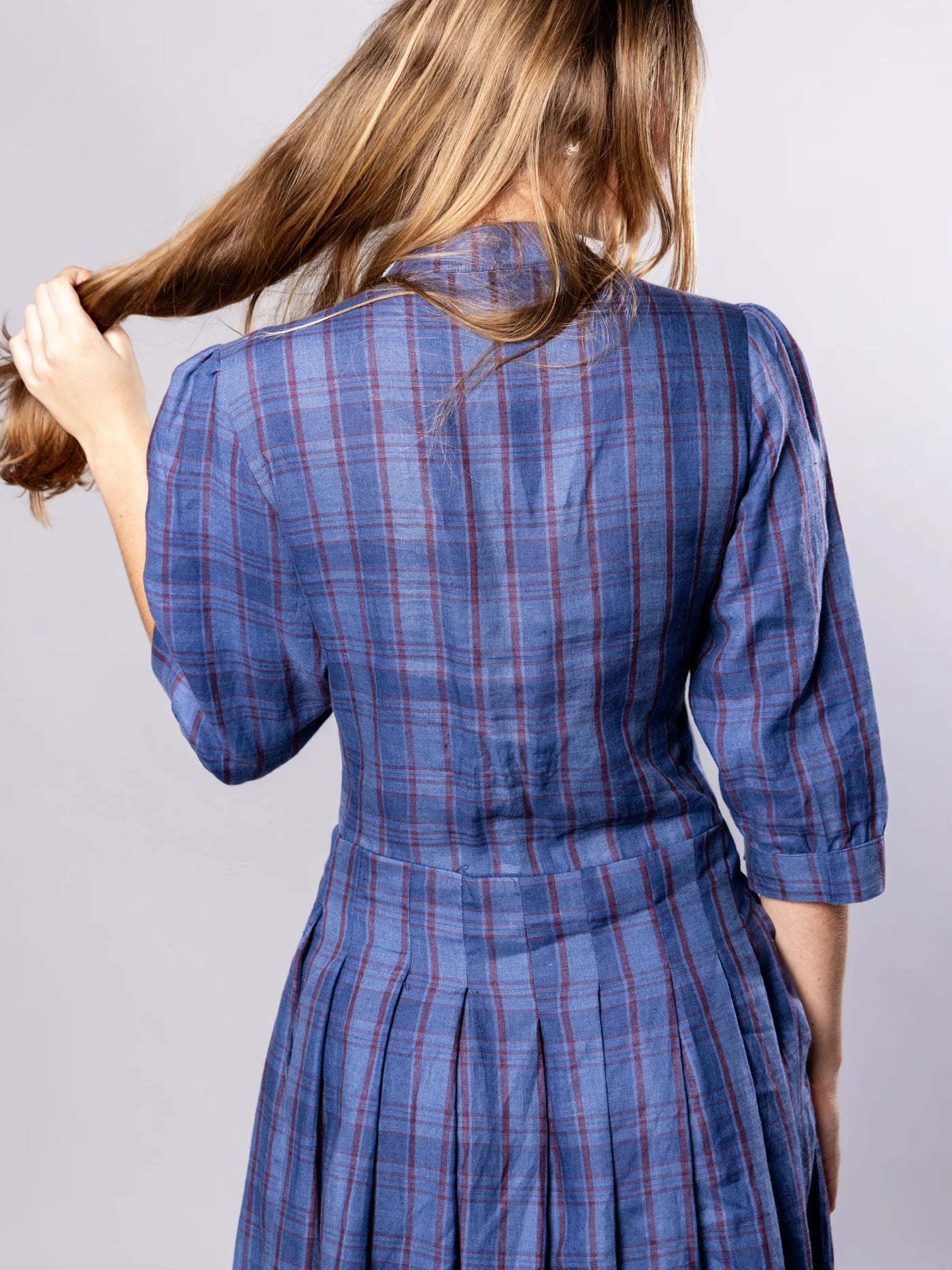 'NO MORE NOBODY' - Talitha Midi Dress Organic Linen -  Navy Multi Check