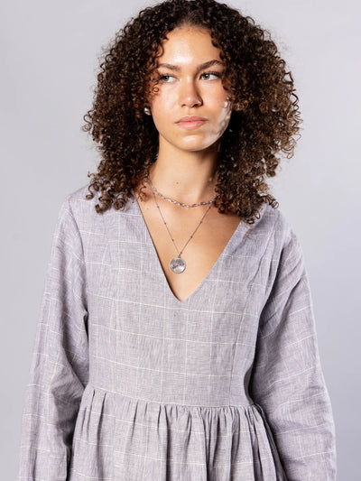 'NO MORE NOBODY' - Michelle Maxi Dress Organic Linen - Grey Check