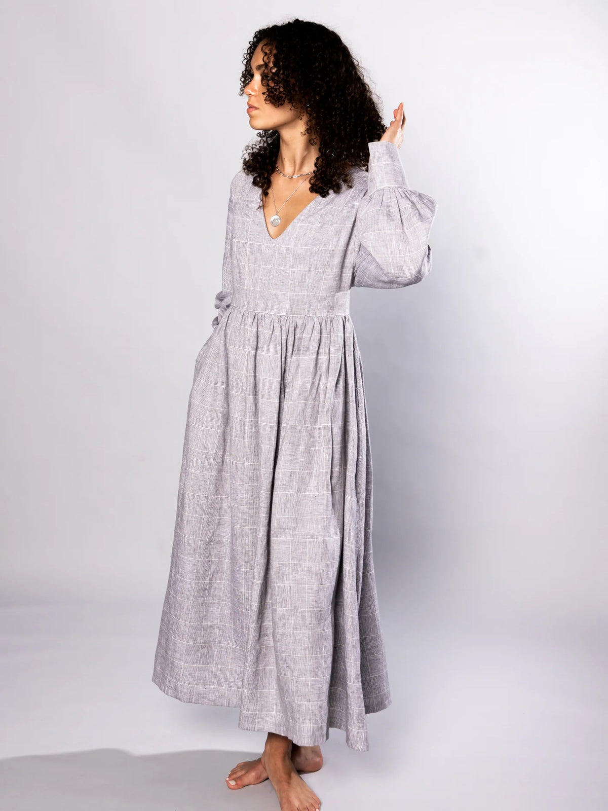 'NO MORE NOBODY' - Michelle Maxi Dress Organic Linen - Grey Check