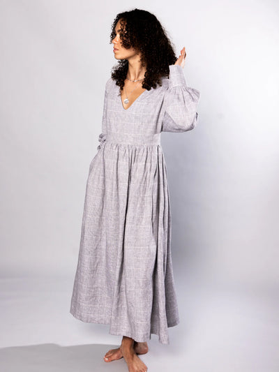 'NO MORE NOBODY' - Michelle Maxi Dress Organic Linen - Grey Check