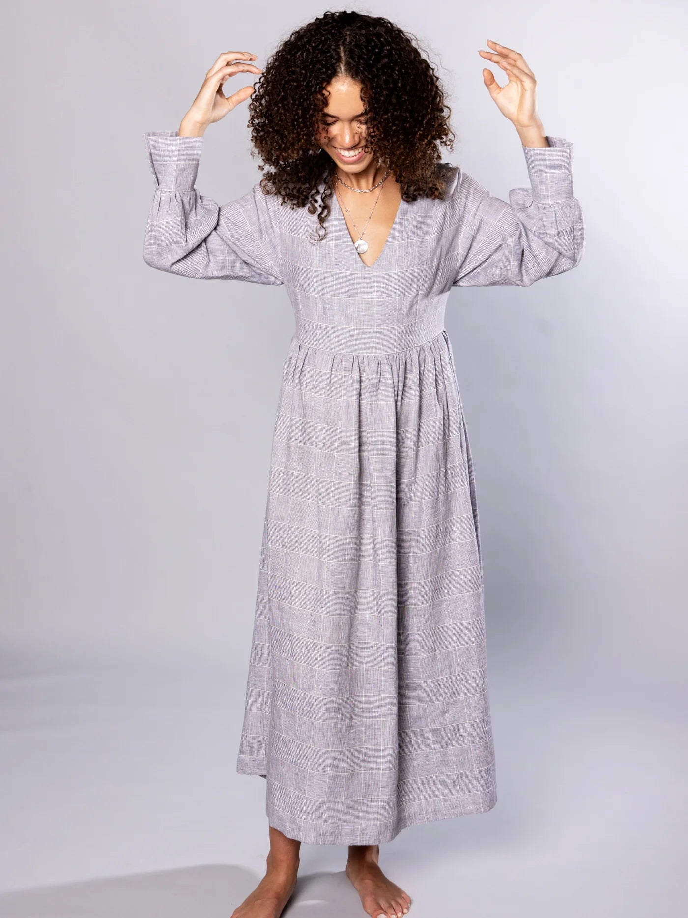 'NO MORE NOBODY' - Michelle Maxi Dress Organic Linen - Grey Check