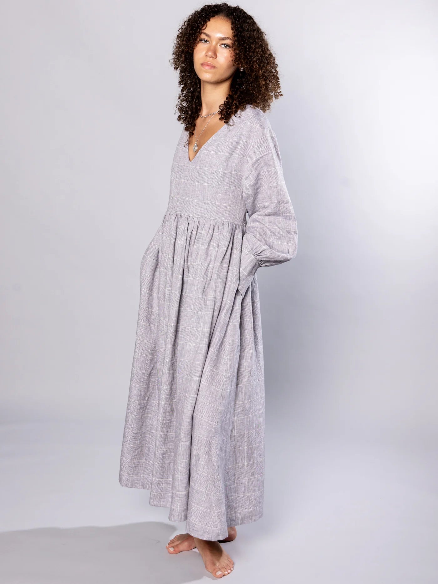 'NO MORE NOBODY' - Michelle Maxi Dress Organic Linen - Grey Check