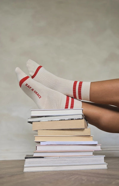 Luxe Cotton Ribbed Socks - Ecru / Red Stripe