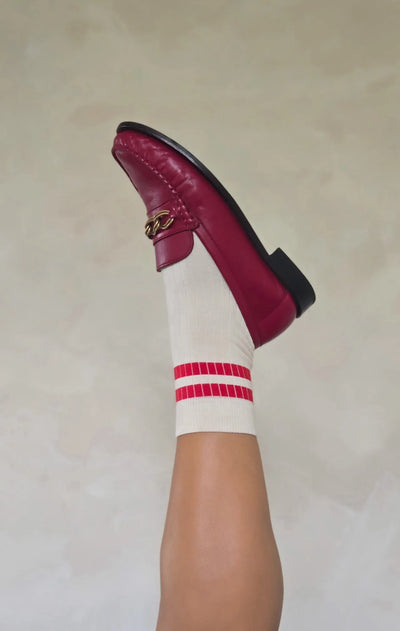 Luxe Cotton Ribbed Socks - Ecru / Red Stripe