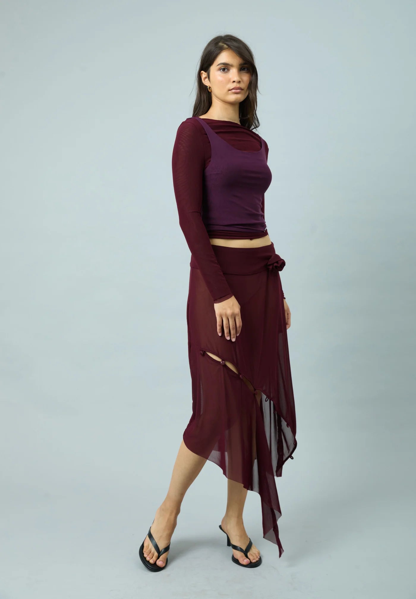 Asymmetric Mesh Skirt W/ Flower Applique - Burgundy