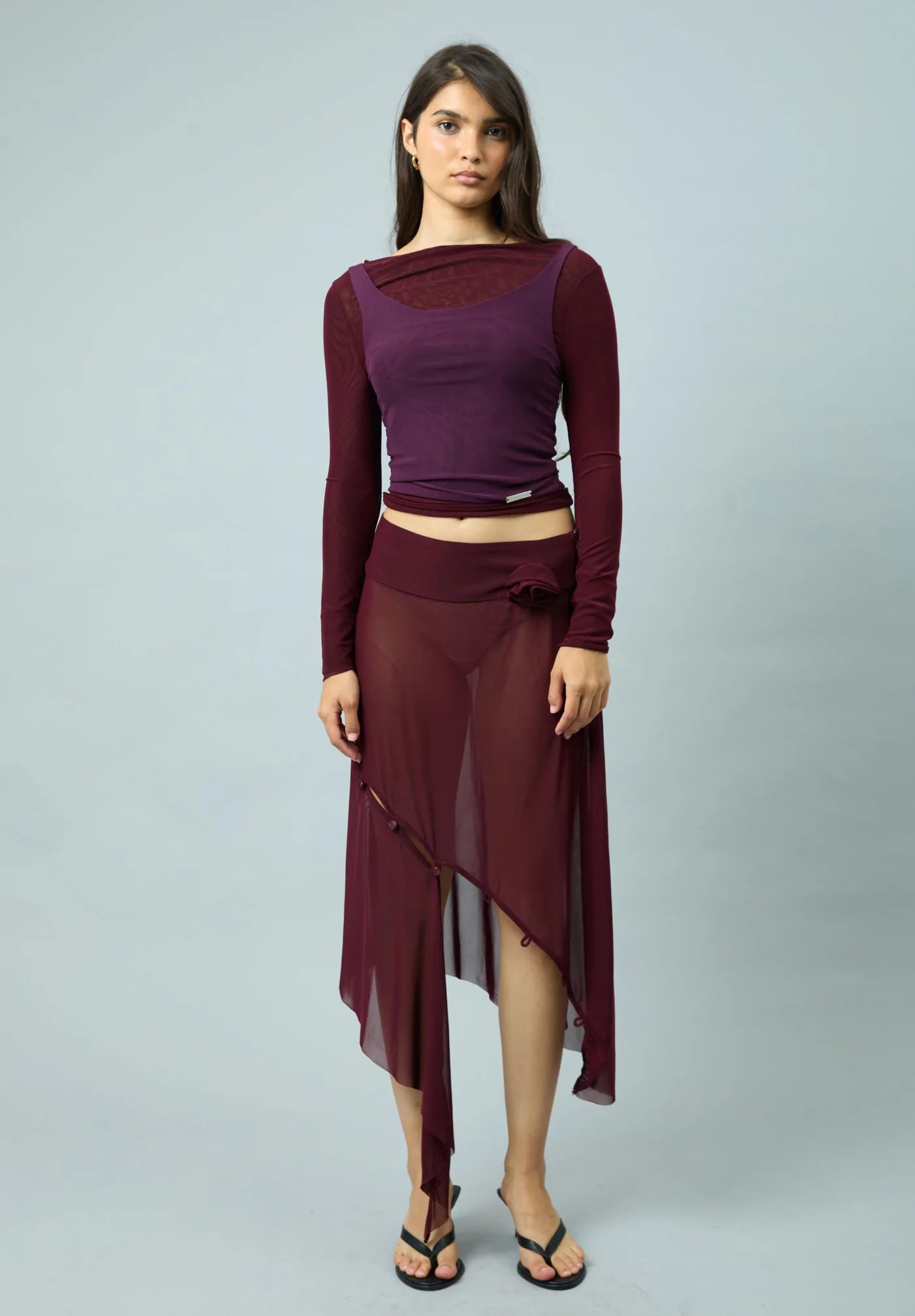 Asymmetric Mesh Skirt W/ Flower Applique - Burgundy