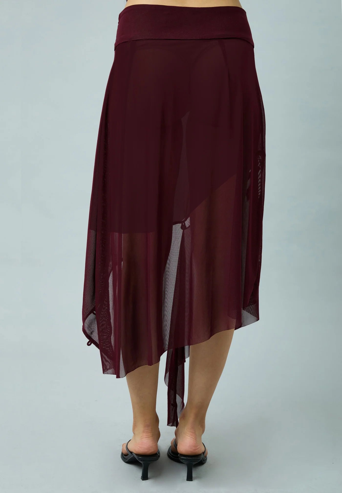 Asymmetric Mesh Skirt W/ Flower Applique - Burgundy