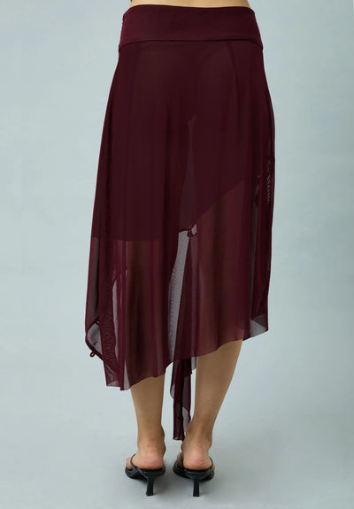 Asymmetric Mesh Skirt W/ Flower Applique - Burgundy