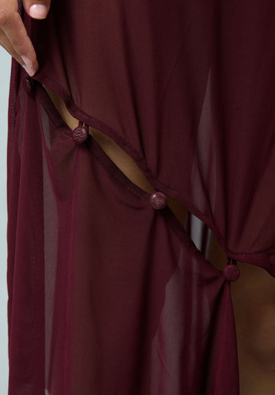Asymmetric Mesh Skirt W/ Flower Applique - Burgundy