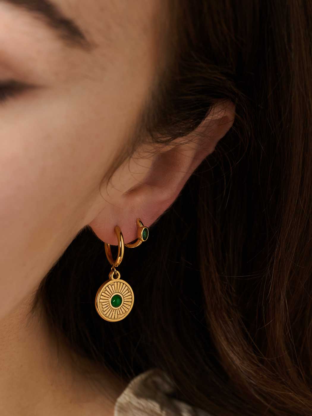 Emerald Boheme Huggies - Gold Plating/Emerald