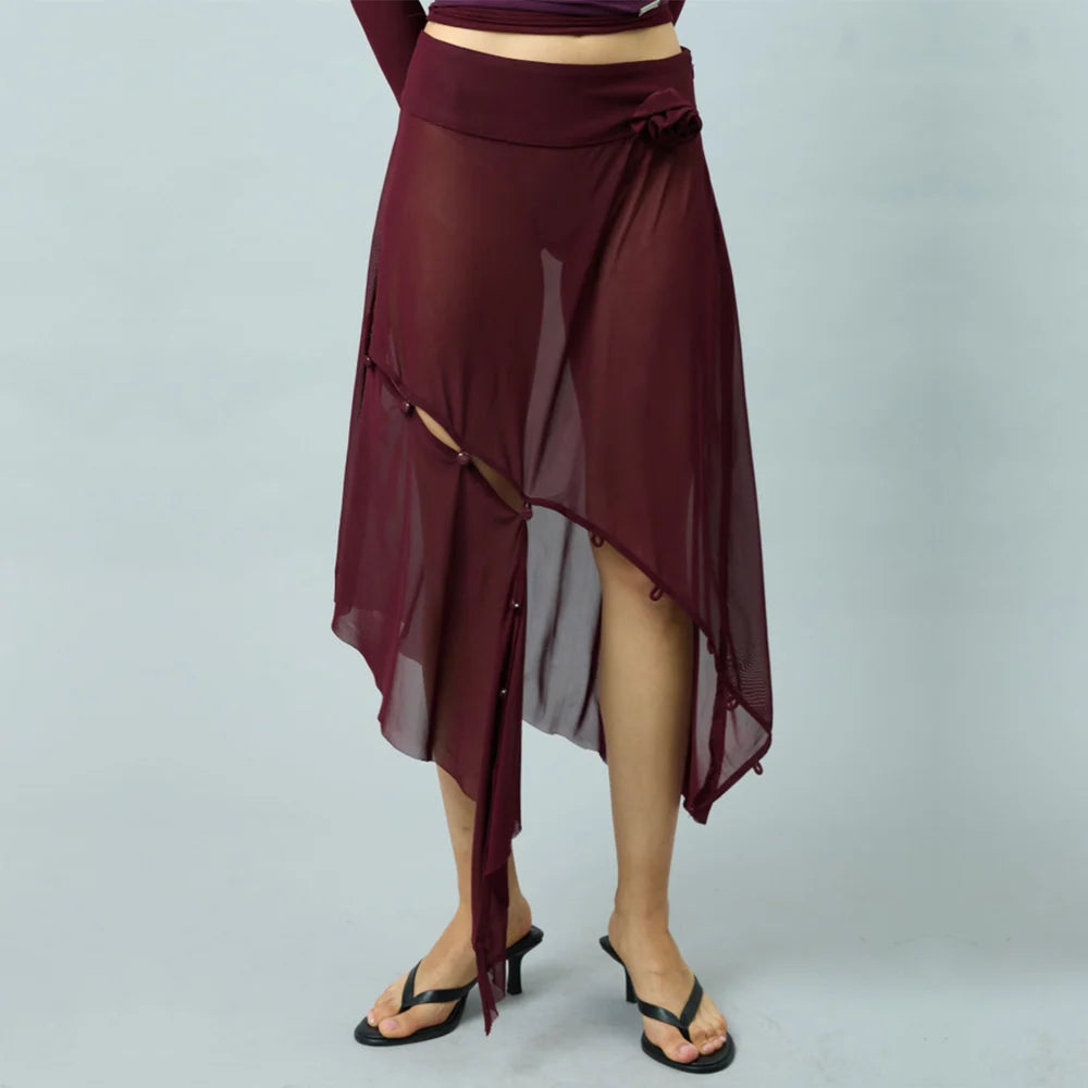 Asymmetric Mesh Skirt W/ Flower Applique - Burgundy