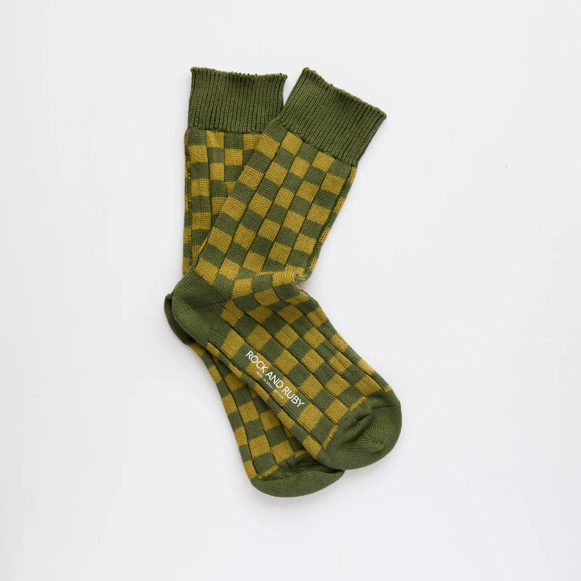 Edith Cotton Socks - Hunter Green Check