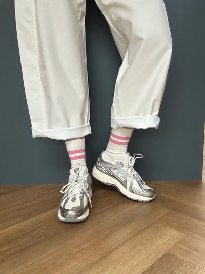 Luxe Cotton Ribbed Socks - Ecru / Rose Pink Stripe