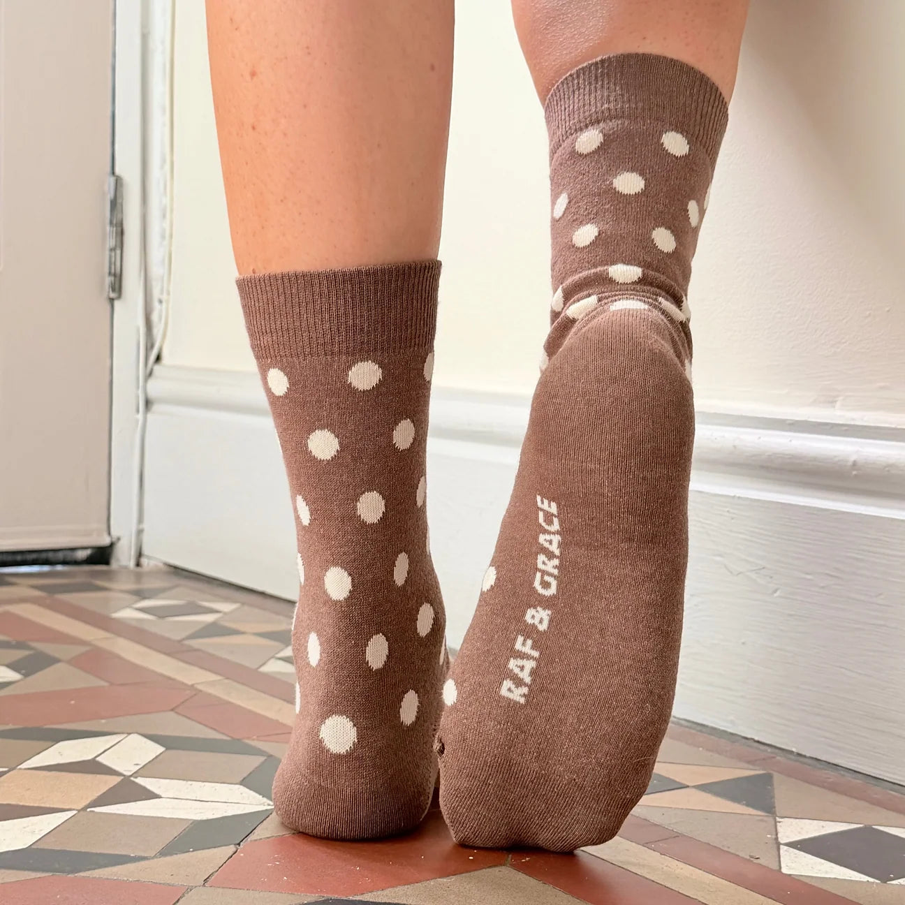 Luxe Cotton Socks - Polka Dot Ecru/Coffee