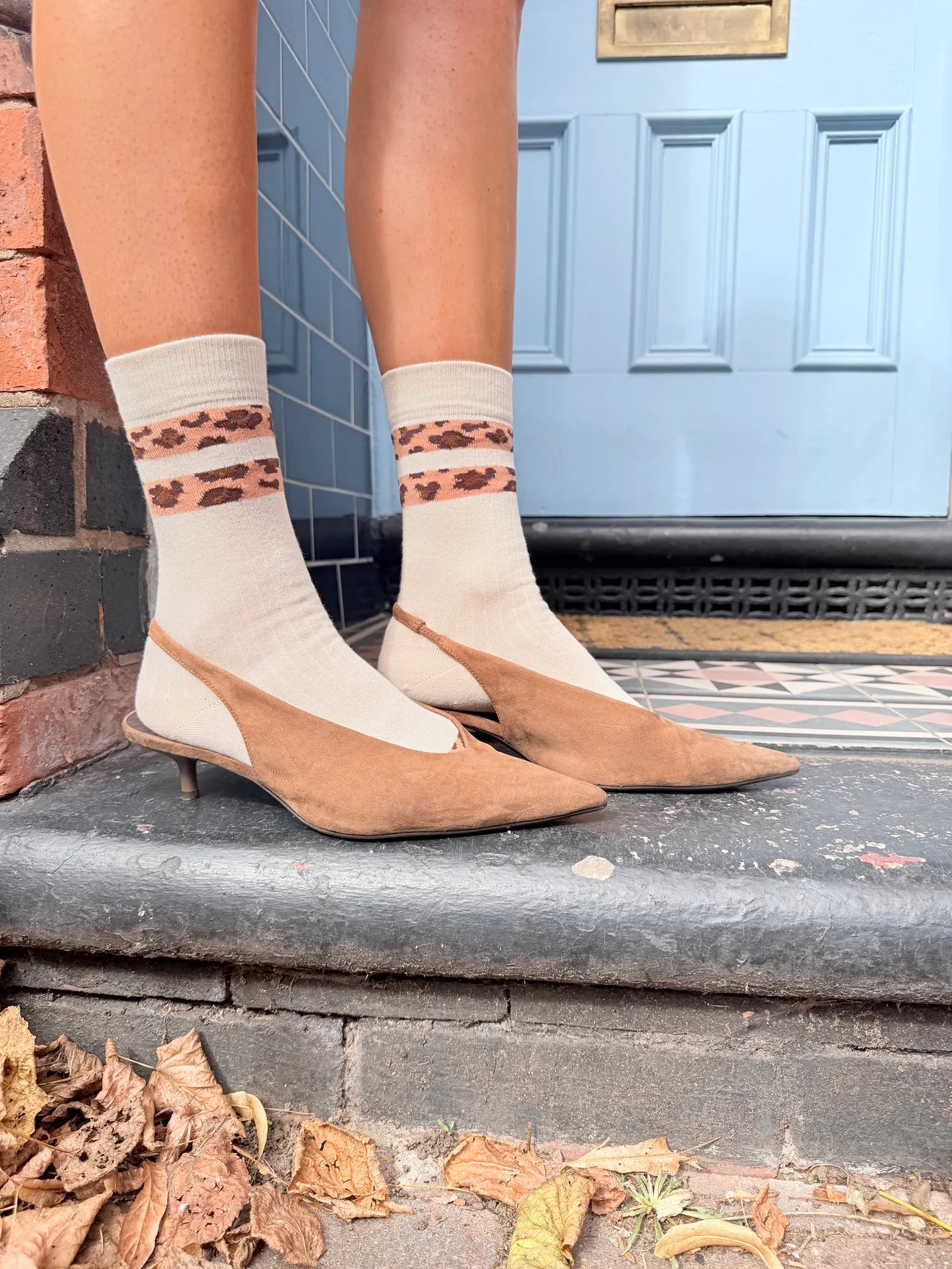 Luxe Cotton Ribbed Socks - Ecru / Leopard Stripe