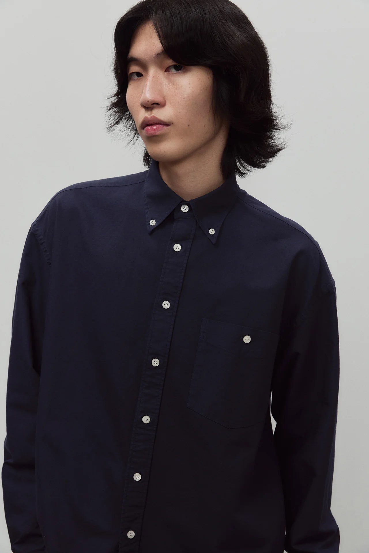 Long Sleeve Baggy Oxford Shirt - Navy  Blue