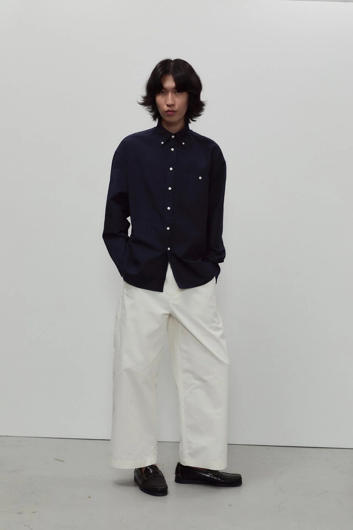 Long Sleeve Baggy Oxford Shirt - Navy  Blue