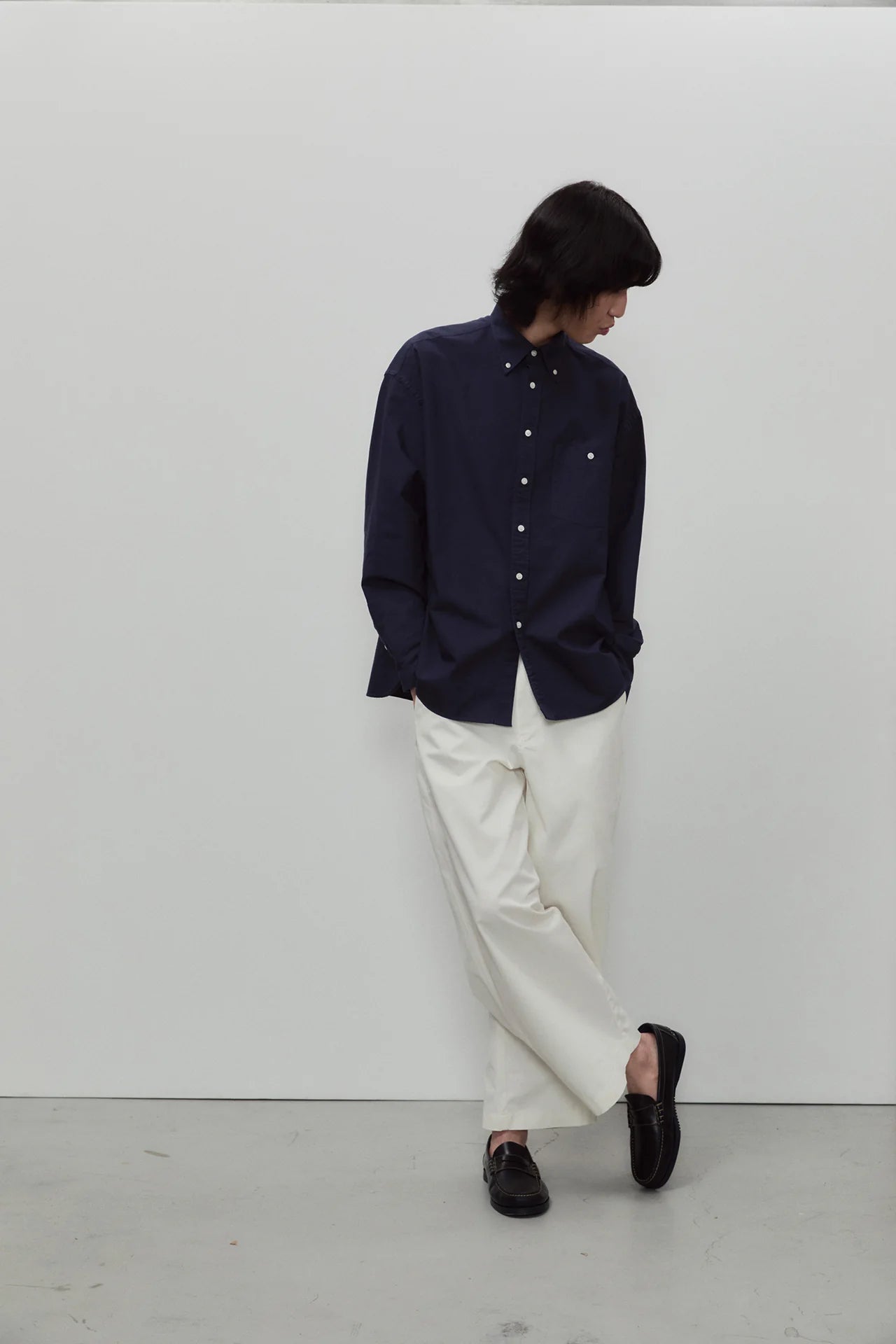 Long Sleeve Baggy Oxford Shirt - Navy  Blue