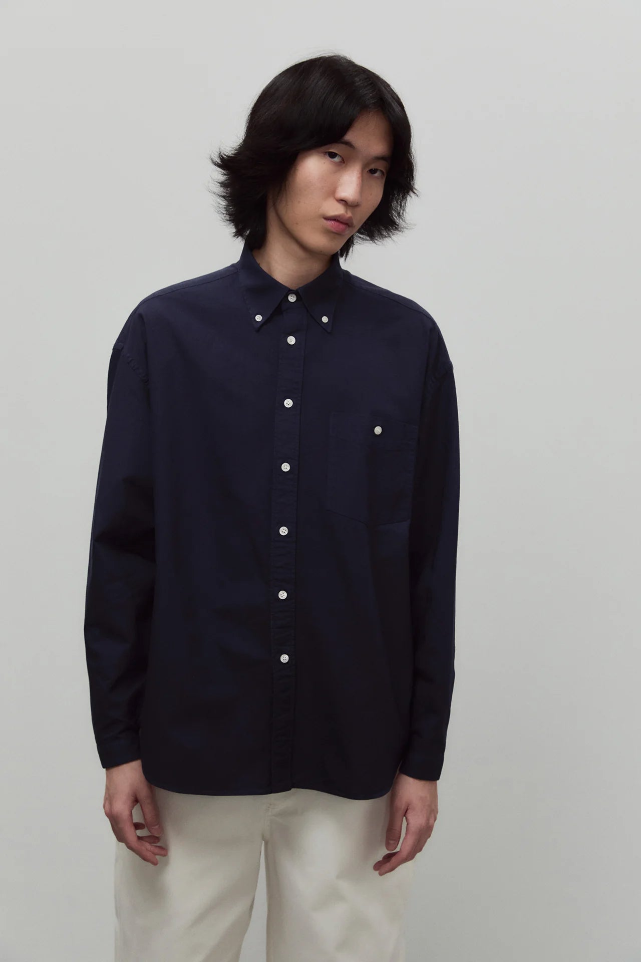 Long Sleeve Baggy Oxford Shirt - Navy  Blue