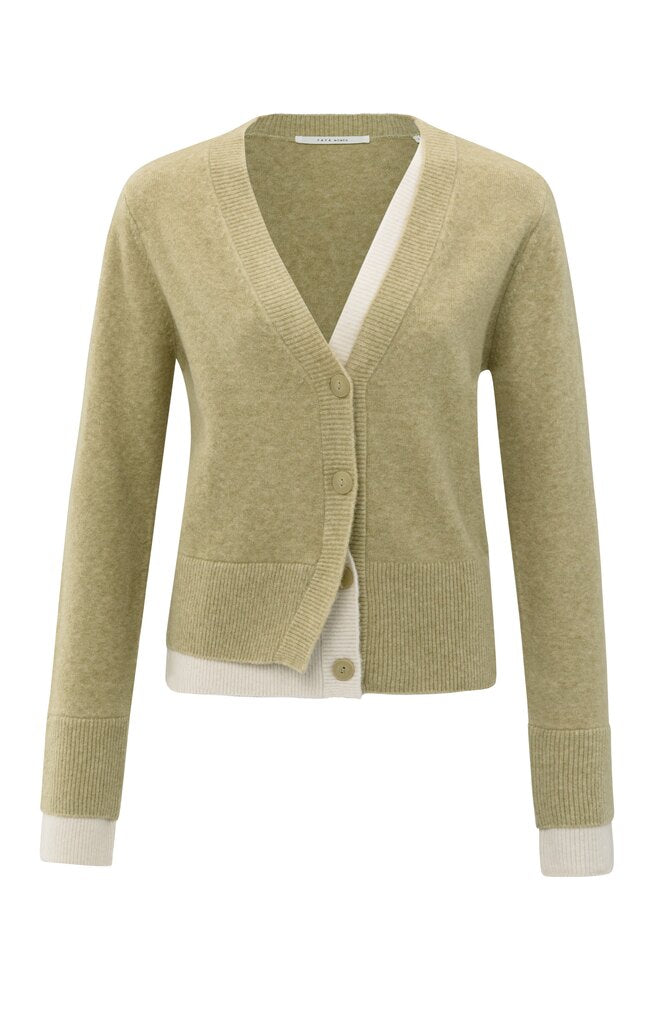 Cardigan with Contrast Details - Olive Green Melange