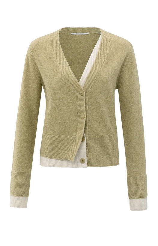 Cardigan with Contrast Details - Olive Green Melange