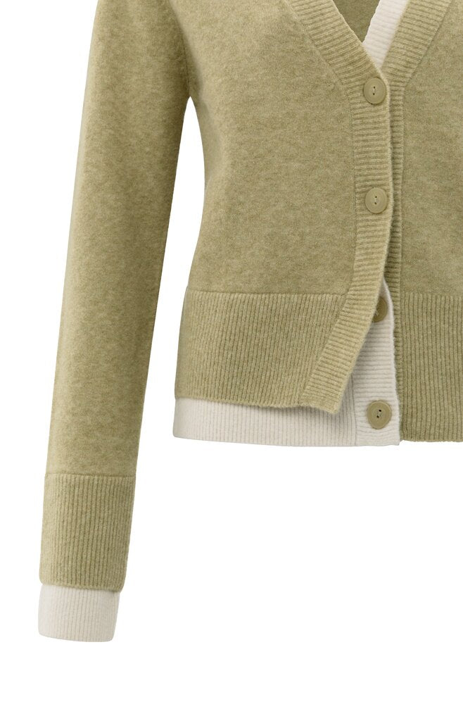 Cardigan with Contrast Details - Olive Green Melange