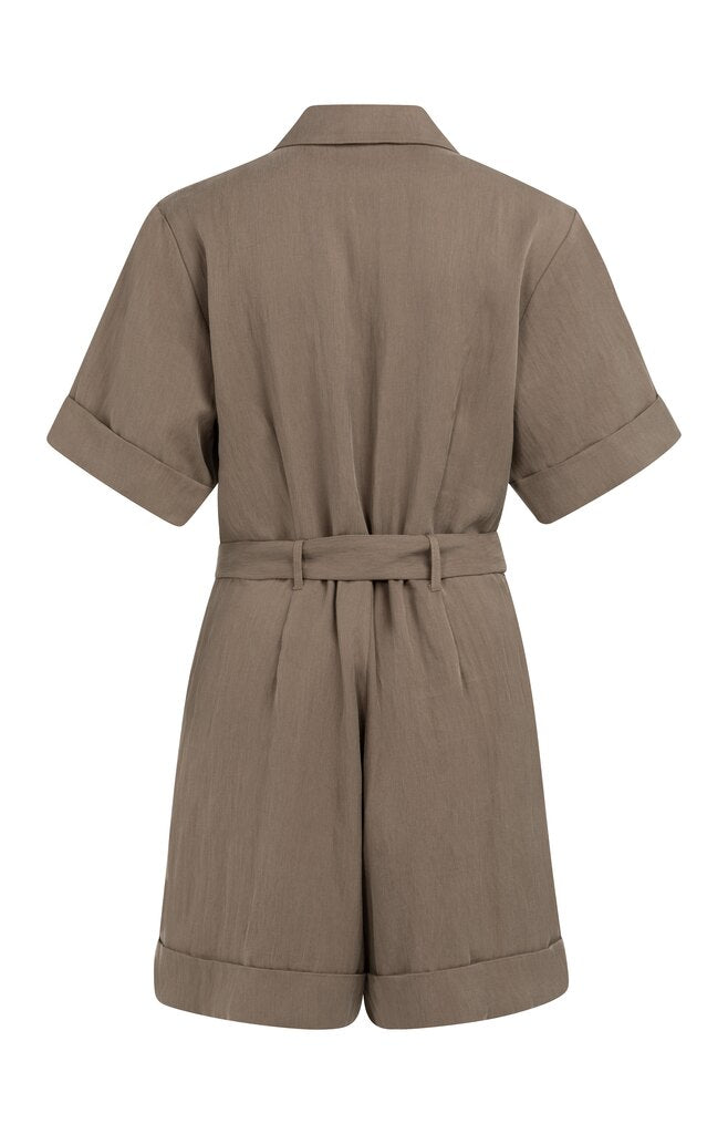 Playsuit with Double Button Closure  & Belt - Washed Brown