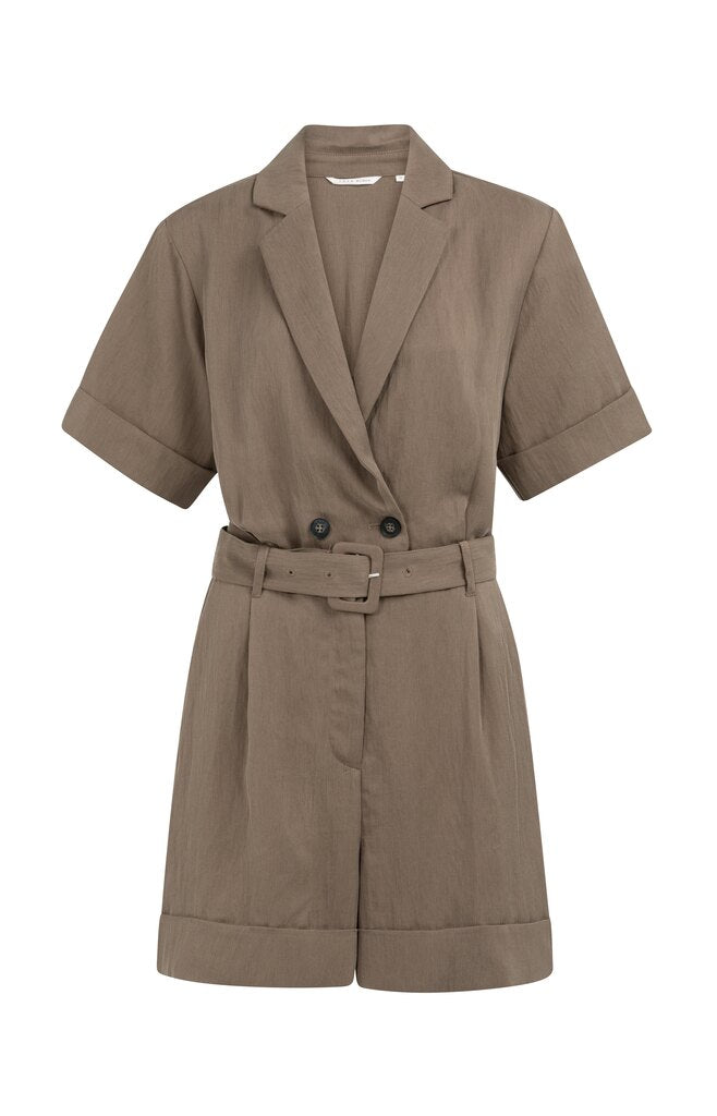 Playsuit with Double Button Closure  & Belt - Washed Brown