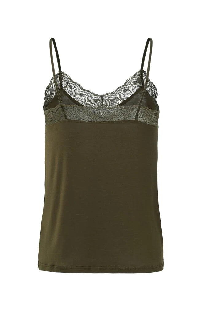 Strappy Top with V-neck and Lace Details - Dark Army Green