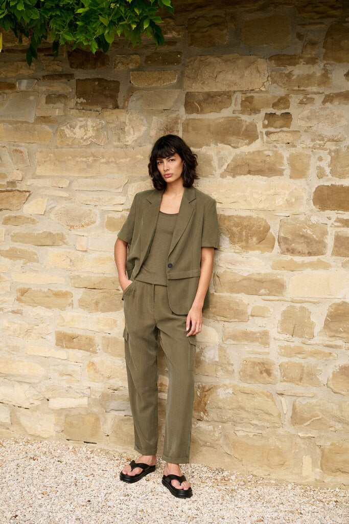 Woven Short Sleeve Blazer - Army Green