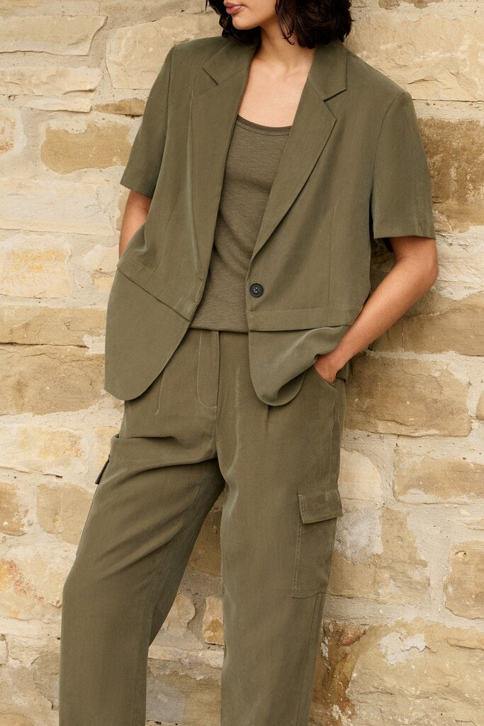 Woven Short Sleeve Blazer - Army Green
