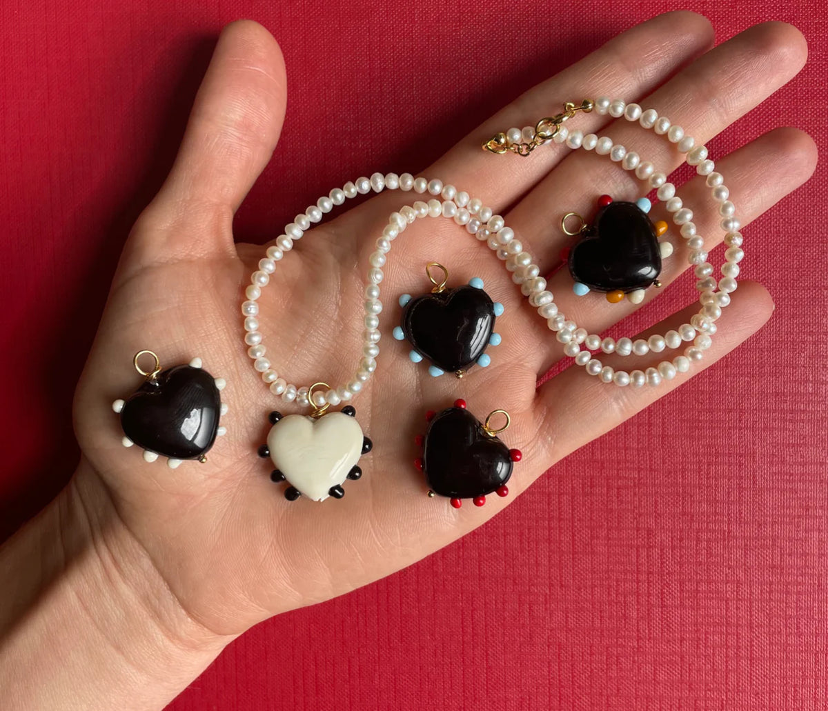 Milagros Heart Necklace - Pearl, Ivory & Black