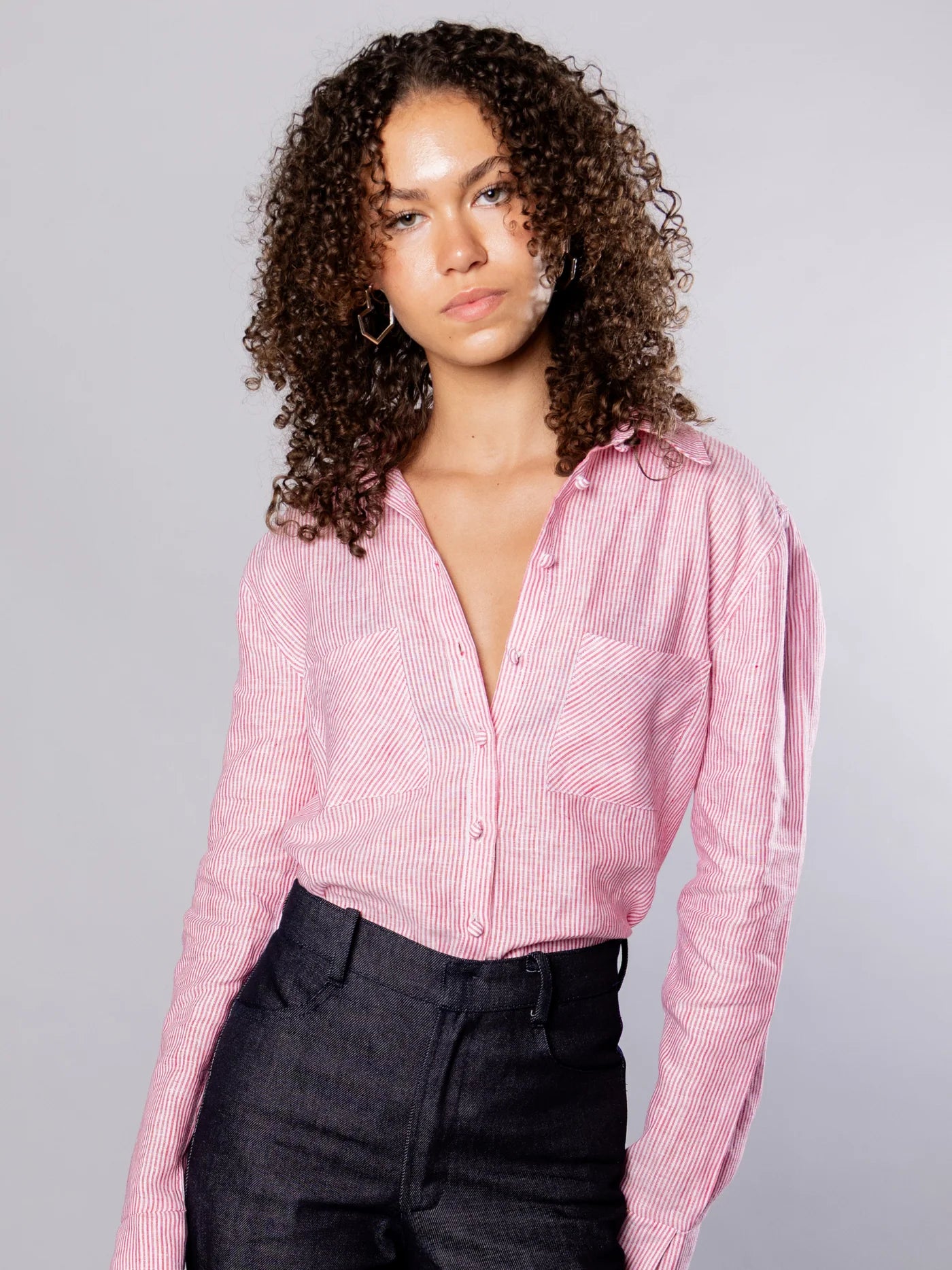 'NO MORE NOBODY' - Rene Sharp Collar Shirt Organic Linen - Red