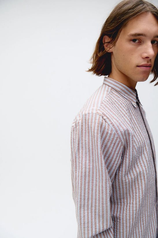 Seersucker Regular Shirt - Blue/Brown Stripes