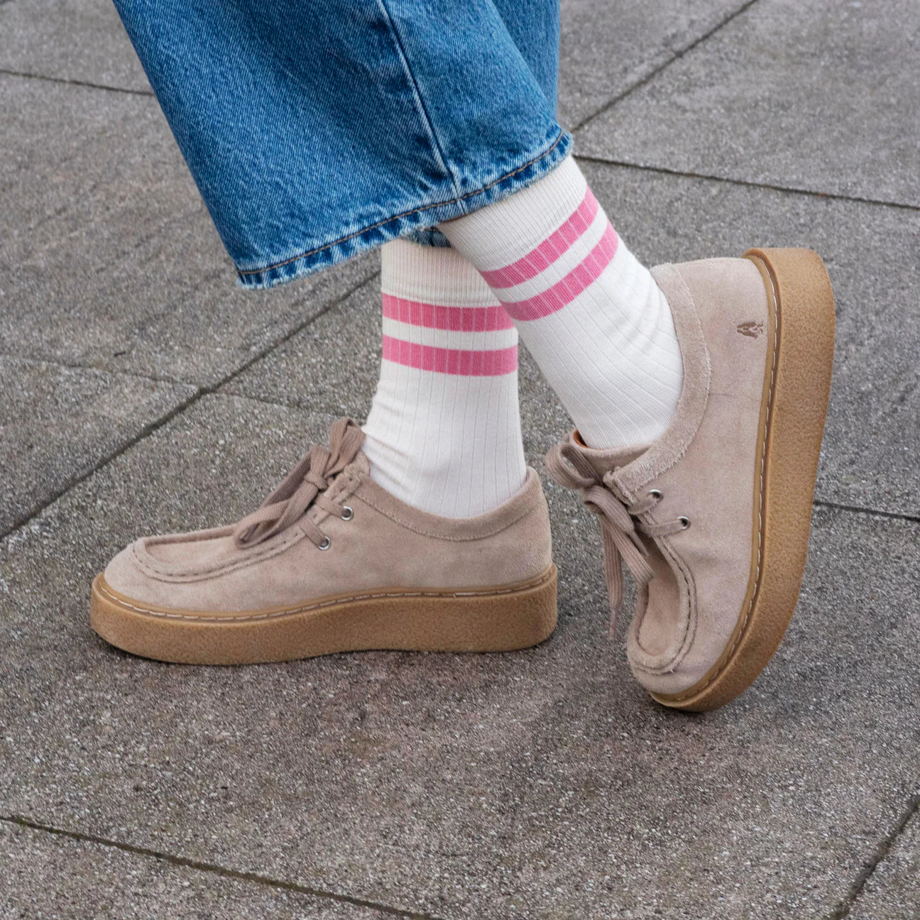 Luxe Cotton Ribbed Socks - Ecru / Rose Pink Stripe