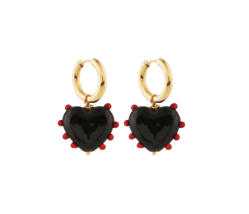 Milagros Heart Earrings - Black & Red Dots