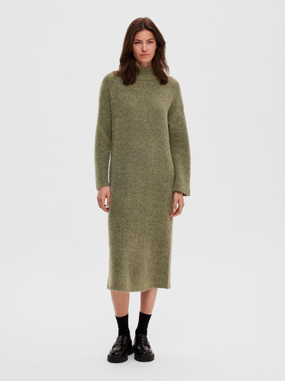 Maline LS High Knit Dress - Dusky Green Melange