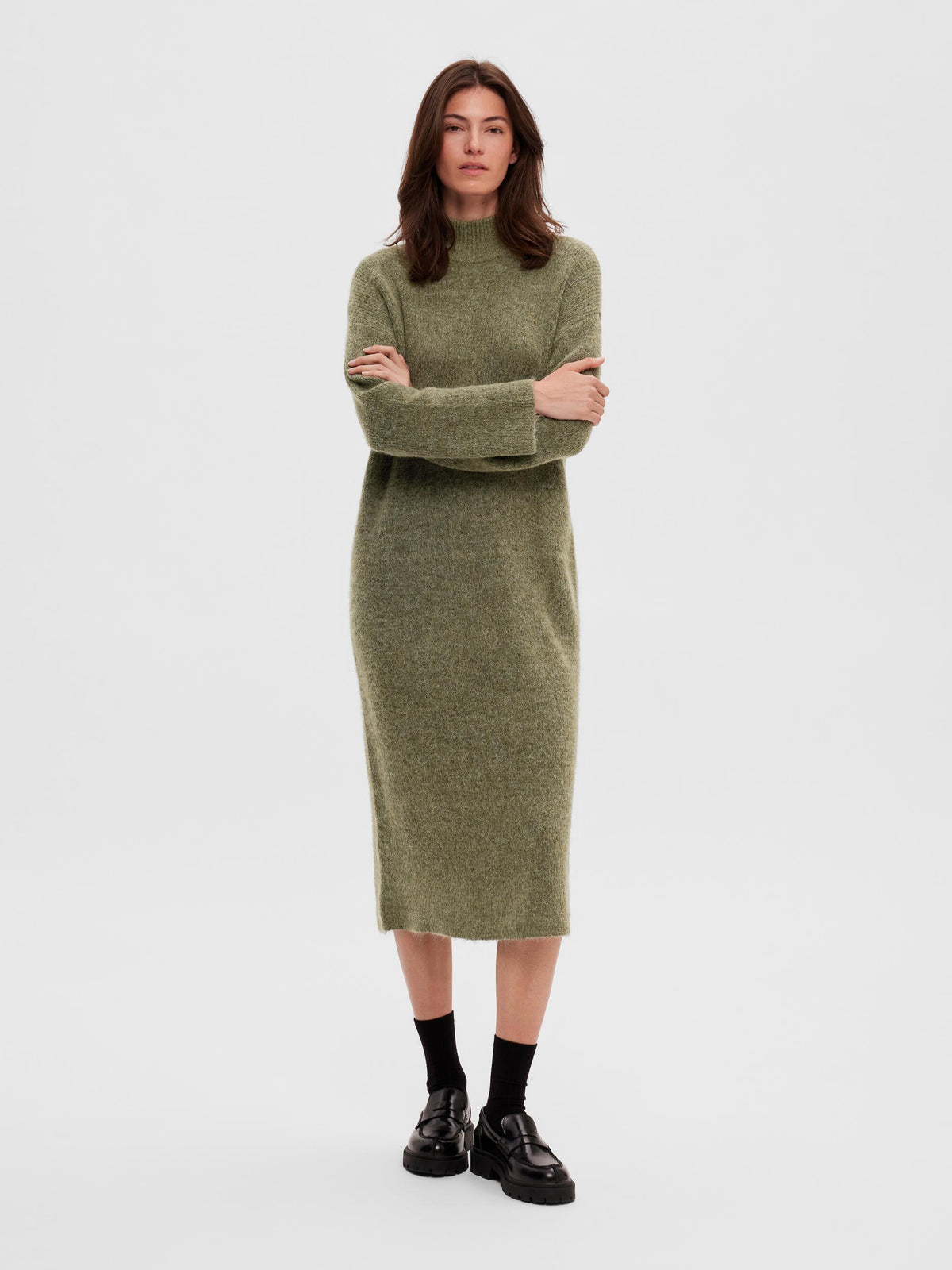 Maline LS High Knit Dress - Dusky Green Melange