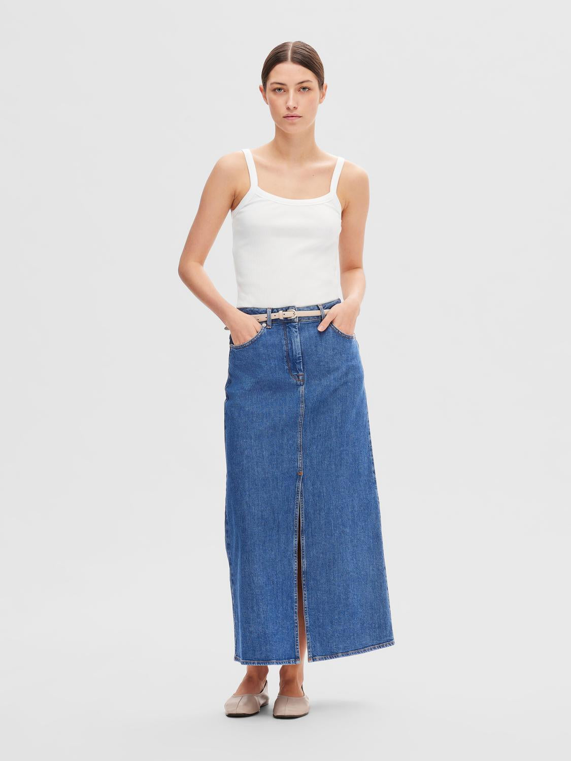 Bella HW Maxi Denim Skirt - Medium Blue Denim