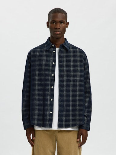Reg Cord Check LS Shirt - Navy Blazer Egret