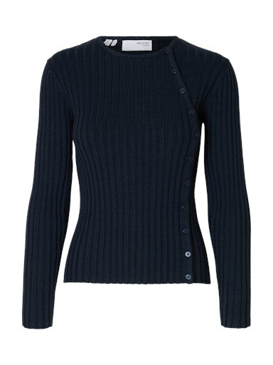 Helen LS Knit Button O-Neck Top - Dark Sapphire