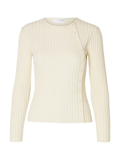 Helen LS Knit Button O-Neck Top - Birch