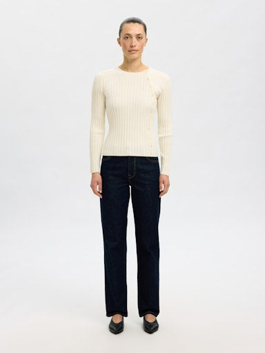 Helen LS Knit Button O-Neck Top - Birch