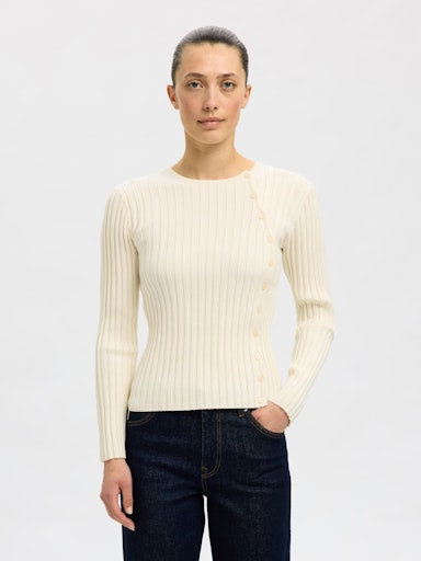 Helen LS Knit Button O-Neck Top - Birch