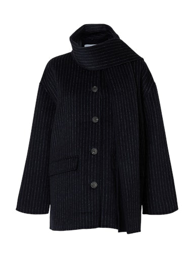 Pam Handmade Scarf Pin Stripe Coat - Dark Sapphire