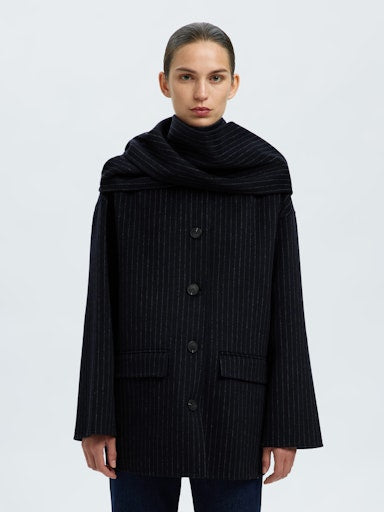 Pam Handmade Scarf Pin Stripe Coat - Dark Sapphire