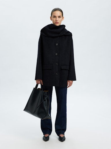 Pam Handmade Scarf Pin Stripe Coat - Dark Sapphire