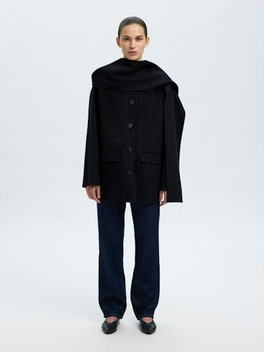 Pam Handmade Scarf Pin Stripe Coat - Dark Sapphire
