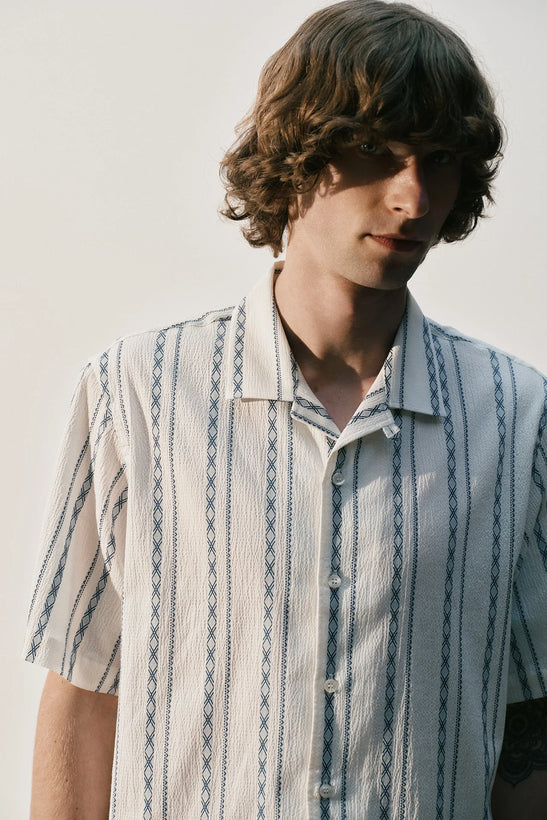 Short Sleeve Embroidery Shirt - White and Navy